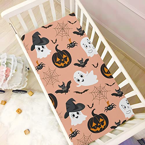 Image of Halloween Ghost Crib Sheets Soft Breathable Fitted Baby Crib Sheets Mattress Cover for Girl Boys, 52 inch x 28 inch x 9 inch