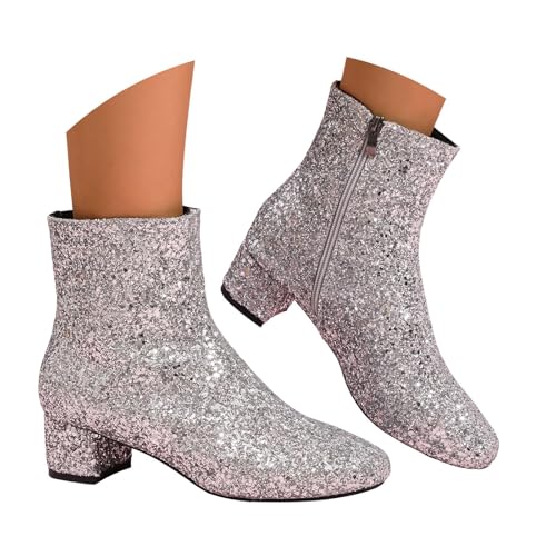 Botines de lentejuelas con purpurina para mujer, botines de tacón de bloque brillante, botas de vestir cómodas con cremallera lateral, bordado de diamantes de imitación, zapatos de vestir casuales con
