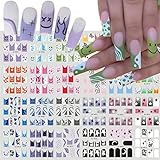 French Tip Nail Art Stickers,24 Sheets Colorful French Water Decals Transfer Nail Foil Designer Nail Art Supplies Cute Heart Star Cartoon Designs DIY nail Accessories Manicure Decorations for Women Girls