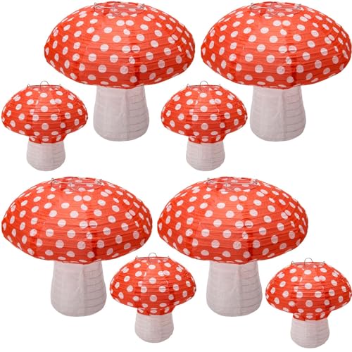 Windspeed 8Pcs Mushroom Shaped Paper Lanterns Large 3D Mushroom Paper Lanterns Decoration Hanging for Nursery Garden Christmas Party Decoration 8 inch, 12 inch