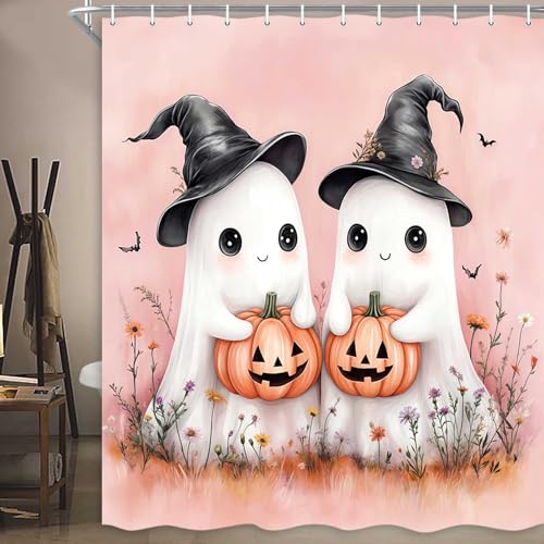 Image of Boziqr Halloween Shower Curtains for Bathroom, Cute Funny Ghost Bathroom Curtain, Fall Autumn Pumpkin Spooky Shower Curtain with Hooks Set 70x70 Inch