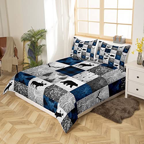 Bear Duvet Cover Twin For Teens Boys,Buffalo Plaid Check Duvet Cover Cabin Lodge Home Decor,Wild Animal Elk Antler Pattern Soft Bedding Set,Christmas Deer Patchwork Quilt Cover 2Pcs Blue Grey #TOP2