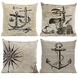 Vintage Summer Ocean Themed Nautical Sailboat Anchor Compass 18''x18'' Set of 4 Throw Pillow Case De