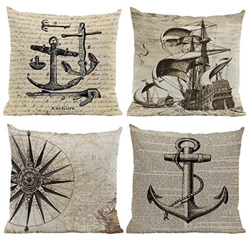 Vintage Summer Ocean Themed Nautical Sailboat Anchor Compass 18''X18'' Set Of 4 Throw Pillow Case Decorative Home Bedroom Living Room Cushion Cover,Coastal House Sofa Bed Couch Decor,Sea Lover Gifts #TOP28