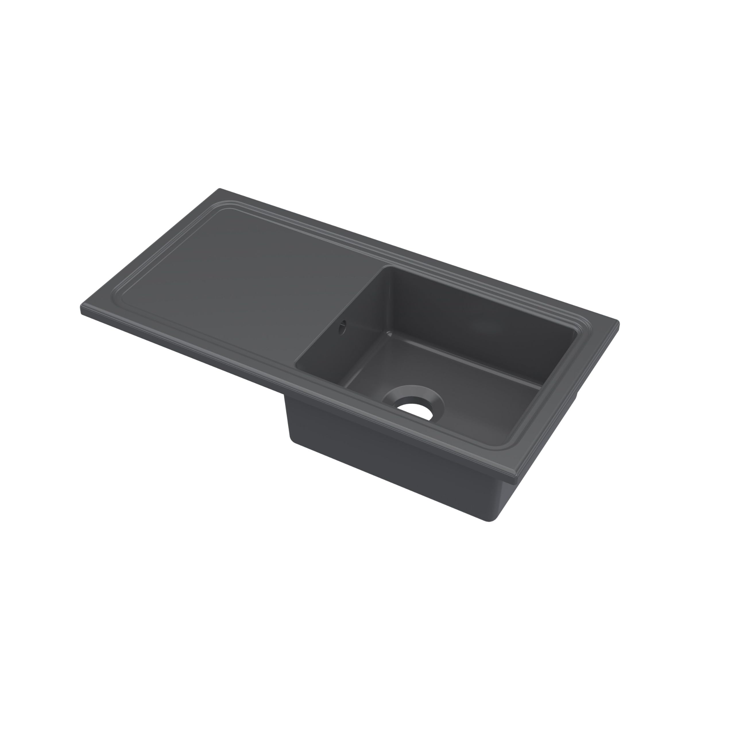 Balterley Ceramic Kitchen Sink with Drainer & Overflow Hole, 101cm Bowl Inset Fireclay Black Kitchen Sink, Single Bowl Reversible Ceramic Sinks with Plain Drainer - 1010 x 525 x 235mm (Dark Grey)