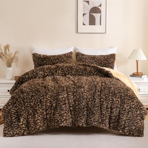 Melo10PM Leopard Print Fluffy Faux Fur Comforter Set Queen Size 3 Pieces Brown Cheetah Plush Shaggy Fuzzy Bedding Set Ultra Soft Luxury Furry Boho Animal Print All Season Comforter for Women Girls