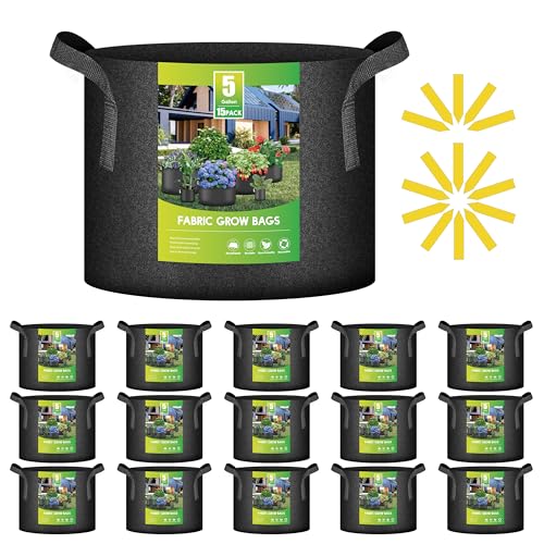 iPower 15-Pack 5 Gallon Thickened Grow Bags Nonwoven Fabric Pots Aeration Container with Strap Handles for Garden and Planting, Black