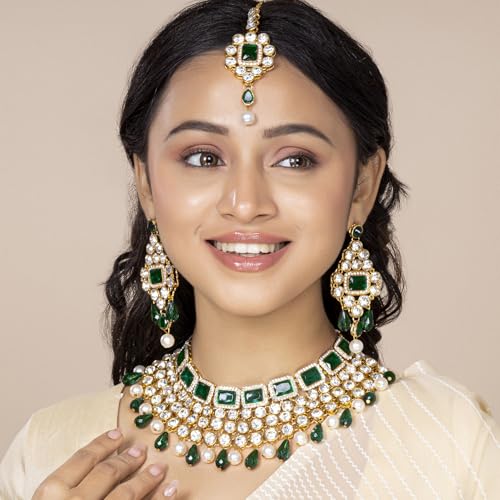 Image of Peora Crystal Choker Necklace with Maang Tikka Earrings Indian Traditional Bridal Wedding Jewellery Set for Women