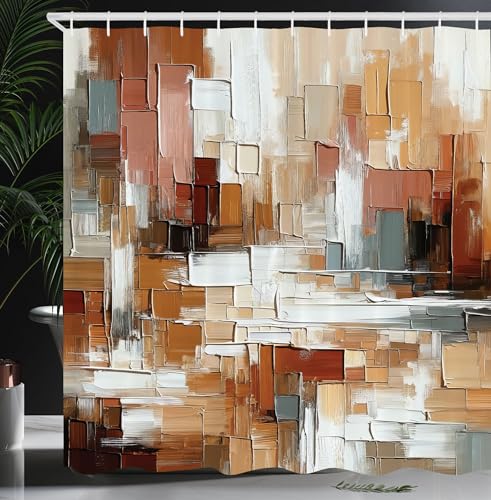 Ambesonne Cortina de ducha marrón, estilo de pintura, arte abstracto y moderno, paleta cálida de pinceladas, tela de tela, juego de decoración de baño con ganchos, 69 pulgadas de ancho x 75 pulgadas