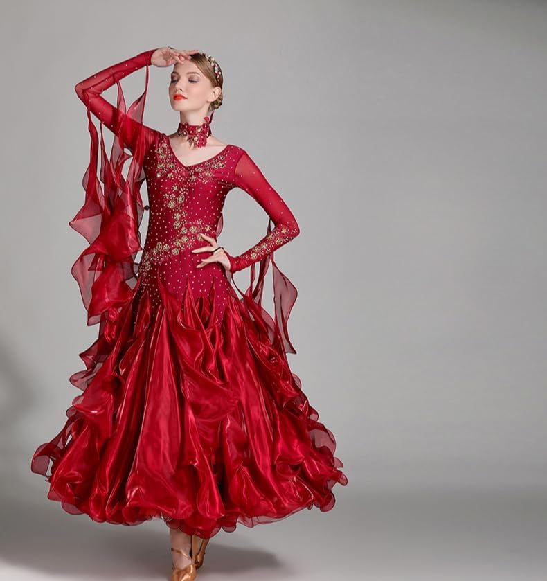 HEARTTOUCH Women Modern Waltz Tango Dress Dance Dress Long Sleeve Ballroom Professional Performance Competition Costume