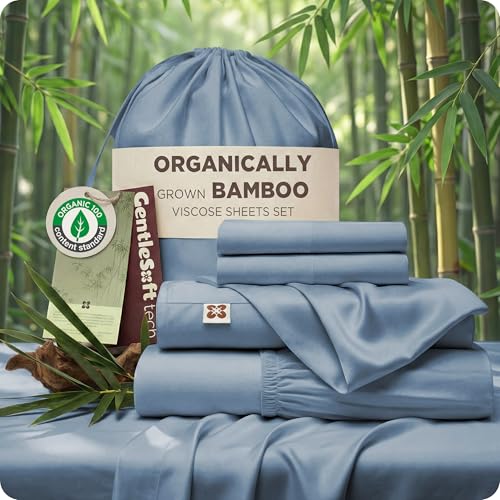 Bedsure 100% Organically Grown Bamboo Viscose Queen Sheet Set | Cooling Bedsheets for Hot Sleepers | Luxury Silky Soft PureWoven | 18" Deep Pocket with Corner Straps | Oeko-Tex [Mineral Blue]