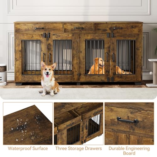 Dog Crate Furniture for 2 Dogs, 71'' XXL Indoor Dog Kennel with 3 Drawers and Removable Room Divider, Wooden Double Dog Crate TV Stand End Table with Double Doors for Large Medium Dogs, Rustic Brown