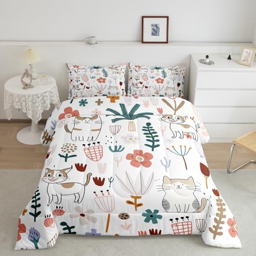 Image of Feelyou Cat Comforter Set - Toddler Size, Cute Kitten Print Duvet Set for Kids, Cat Lover's Animal Botanical Plant Room Decor
