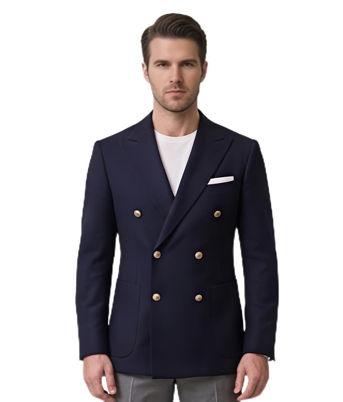 Men's Navy Blue Double-Breasted Blazer with Gold Buttons, Slim Fit Formal Jacket-picture-44