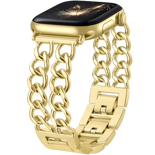 DaQin Gold Band Compatible with Apple Watch Bands for Women 40mm 42mm 38mm 41mm Metal Double Chain Link Bracelet Accessories Replacement for iWatch Bands Series 11 10 9 8 7 6 5 4 3 2 1 Ultra Gold