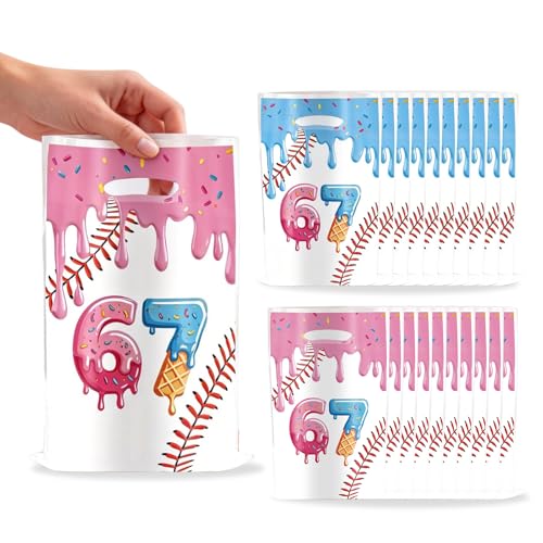 50 PCS 6 7 Birthday Decorations Gift Bags – 6 7 Birthday Theme Goodie Bags with Handles, Double-Sided Pattern, Ice Cream & Baseball Designs, for Kids, Teens, Meme Lovers – Birthday Party Favors