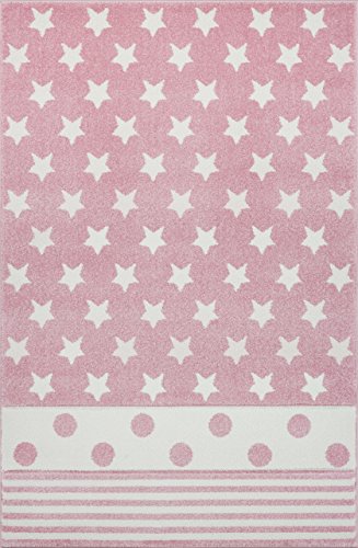 Pflegeleichter Kinderteppich Baby Kinderzimmer Teppich mit Sterne und Punkte Linien rosa Weiss 100 x 160 cm Cover