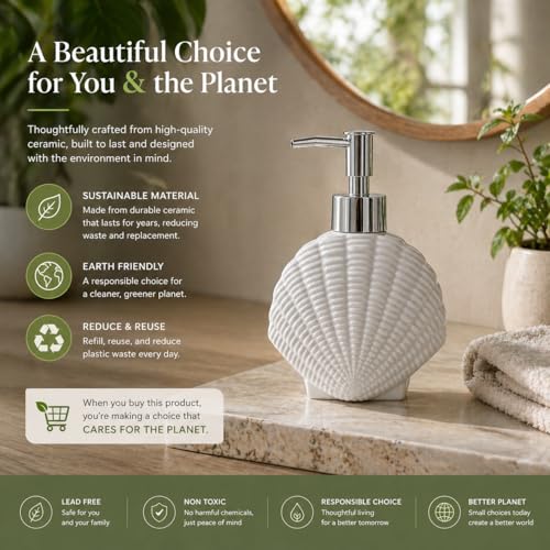 Image of Whizzo Ceramic Shell Shaped Liquid Soap Dispenser with Chrome Pump | Elegant Bathroom & Kitchen Accessory | White Glossy Finish | Refillable Handwash Lotion Bottle (420ML, LD-212, Design2)