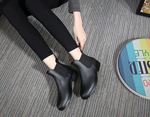 Acfoda Gummistiefel Damen Kurzschaft Regenstiefel Wasserdicht Lack Regenschuhe Frauen Gummistiefeletten Ankle Chelsea Boots mit Blockabsatz Schwarz Gr.39