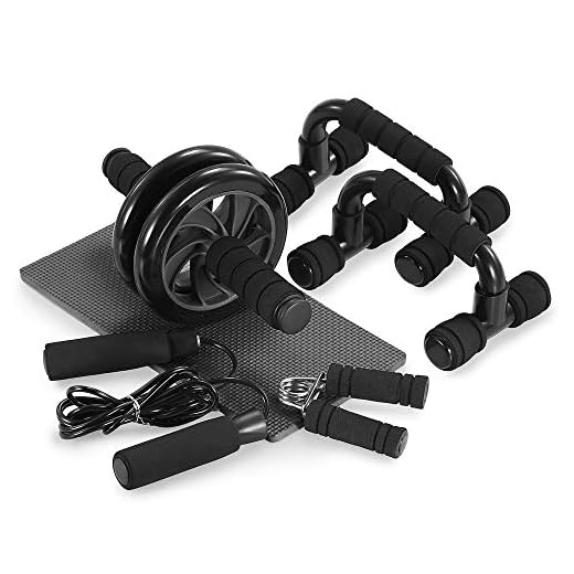 TOMSHOO 5 delars fitnessträningsset - gripper, hopprep, maghjul, pushup bar och knädyna. Perfekt utrustning för daglig magträning i hemmet (svart)