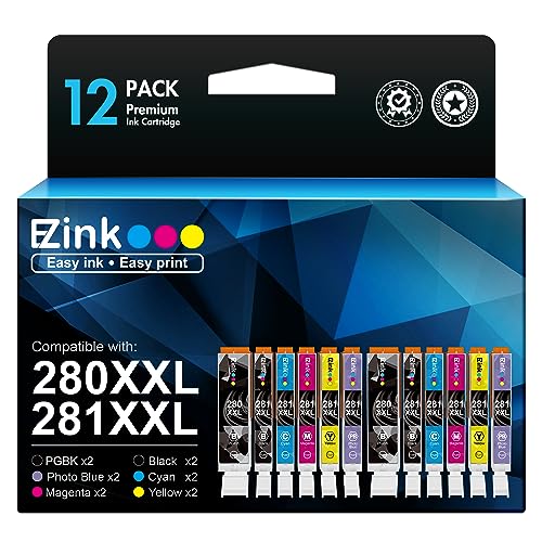 E-Z Ink Compatible Ink Cartridge Replacement for Canon PGI-280XXL CLI-281XXL PGI 280XXL CLI 281XXL to use with PIXMA TS9120 TS8120 TS8220 (PGBK, Black, Photo Blue, Cyan, Magenta, Yellow) 12 