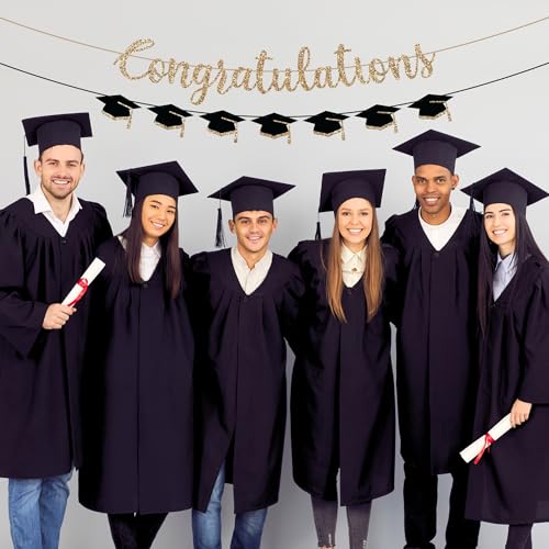 Image of Pre-Strung Congratulations Banner, Gold Glitter Grad Caps Graduation Banner