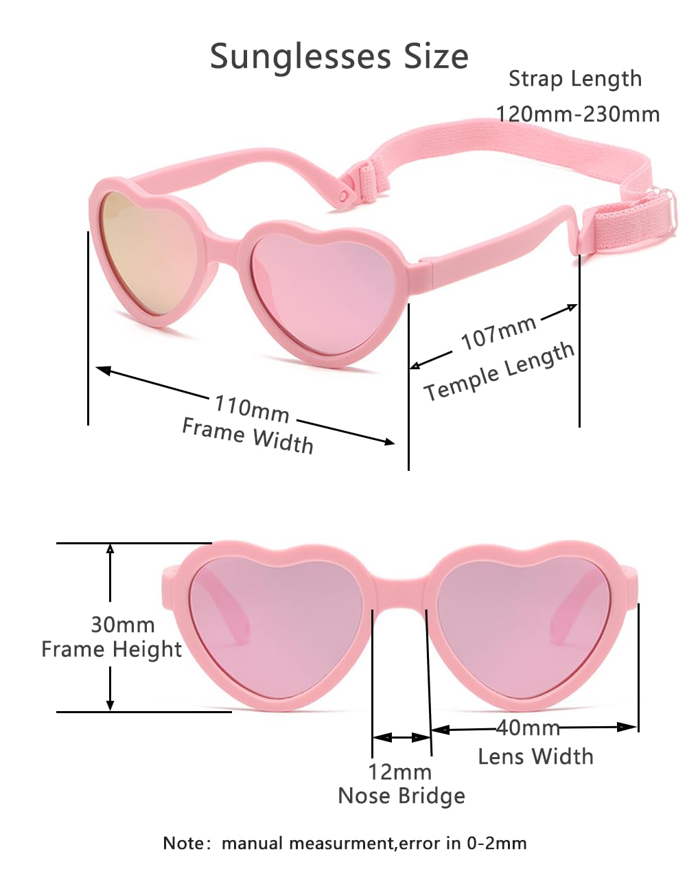 Gafas de sol flexibles polarizadas en forma de corazón con correa para bebés recién nacidos de 0 a 24 meses