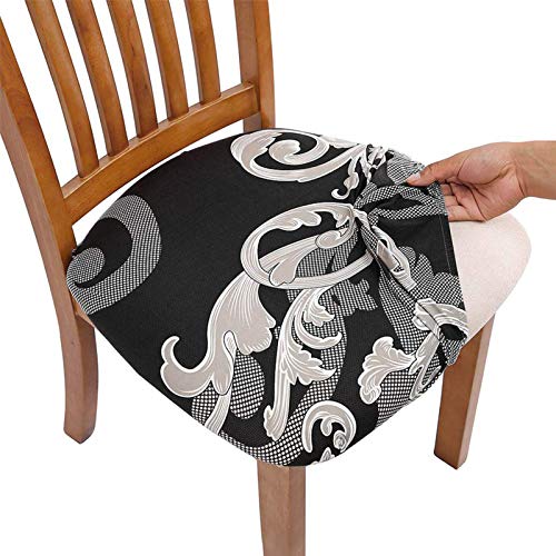 Comqualife Stretch Printed Dining Chair Seat Covers, Removable Washable Anti-Dust Upholstered Chair Seat Cover for Dining Room, Kitchen, Office (Set of 6, Black-B)