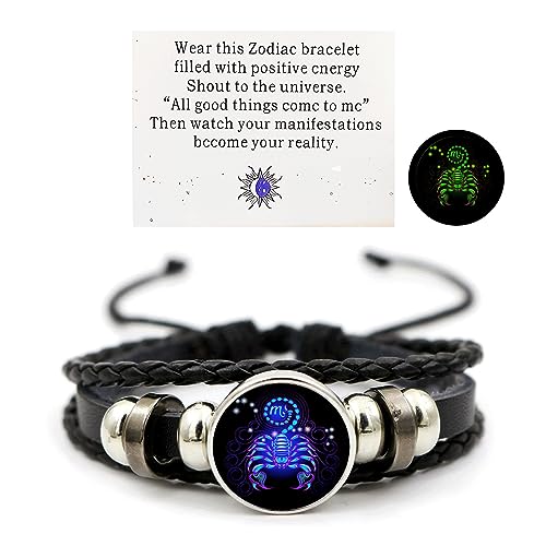 Aktully Scorpio Zodiac Signs Spirit Bracelet, Adjustable 12 Constellation Bracelet, Multilayer Black Leather Bracelets, Birthday Jewelry Gifts for Women Men