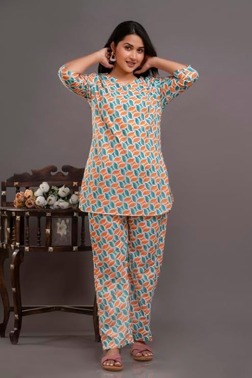 Image of Pure Cotton Printed Night Suit Set | Top Pyjama Set for Women | Night Dress of Kurta Pyjama Set for Women | Kurta Top Set