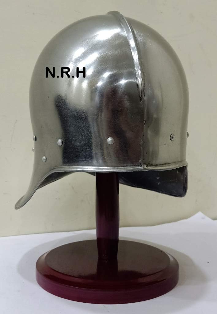 Medieval Open Face Helmet German Sallet Silver Reenactment Halloween Helmet with Wooden Stand