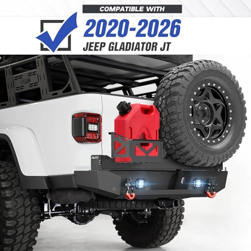 Image of YZONA for JT Rear Bumper with Tire Carrier & Spare Oil Drum Storage Box Compatible with 2020 2021 2022 2023 2024 2025 2026 Jeep Gladiator JT with LED Lights, License Plate Frame, Sensor Holes, D-rings