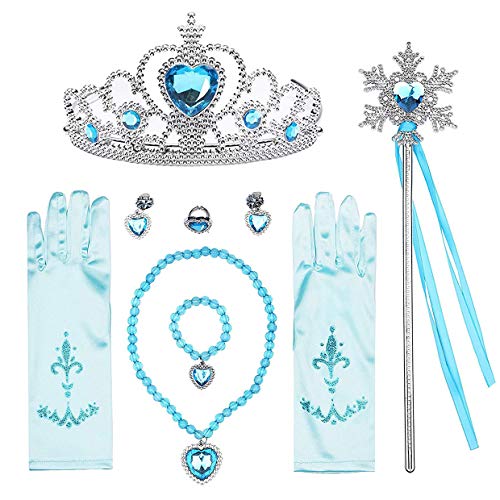 Beunique 9 Pièces Accessoires Costume Princesse Elsa Reine des Neiges Baguette Magique Couronne Gants Collier Bracelet Bague Boucles d'oreilles Cosplay