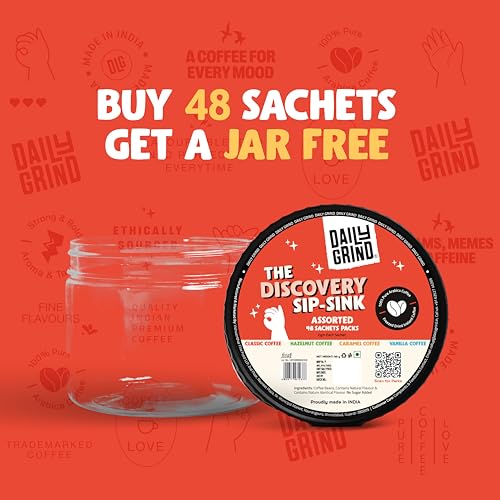 Image of DAILYGRIND Instant Coffee Sachets 2 g Each - Pack of 48 | Classic, Hazelnut, Vanilla, Caramel Flavoured Coffee | Freeze-Dried Pure Arabica Coffee Granules with Free Jar | Hot & Cold Brews 96 g