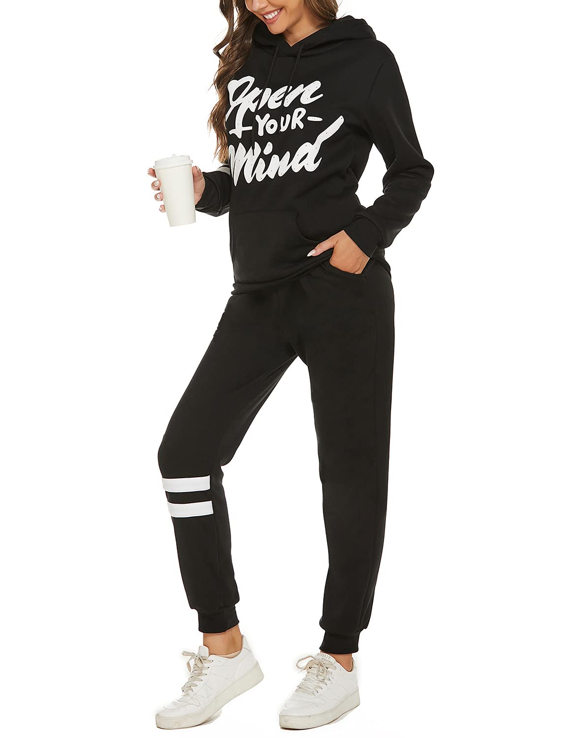 QUNERY Tuta Donna Sportiva Completa Autunno Inverno 2 Pezzi Felpa con Cappuccio Pantaloni Vita Alta Sportwear per Yoga Jogging Fitness