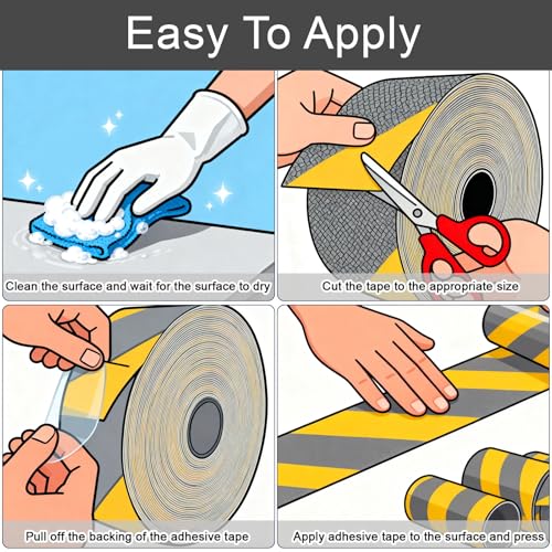 Image of Black & Yellow Anti-Slip Stair Treads Tape, 2 inch x50FT Heavy Duty Non-Skid Grip Tape for Indoor /Outdoor Steps, Bathroom & Pool - PVC Waterproof Safety Traction Tape