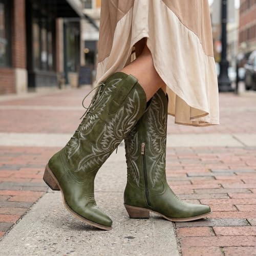 Image of Uillnoodu Wide Calf Cowboy Boots Women Adjustable Lace Up Knee High Tall Plus Size Cowgirl Boots Western Style Comfortable 2-Inch Heel
