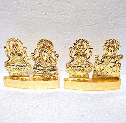 4 piezas Golden Lakshmi Ganesha & Kuber Dios ídolo - Señor de la riqueza ideal para templos y hogares. Dimensiones 3 x 4 cm