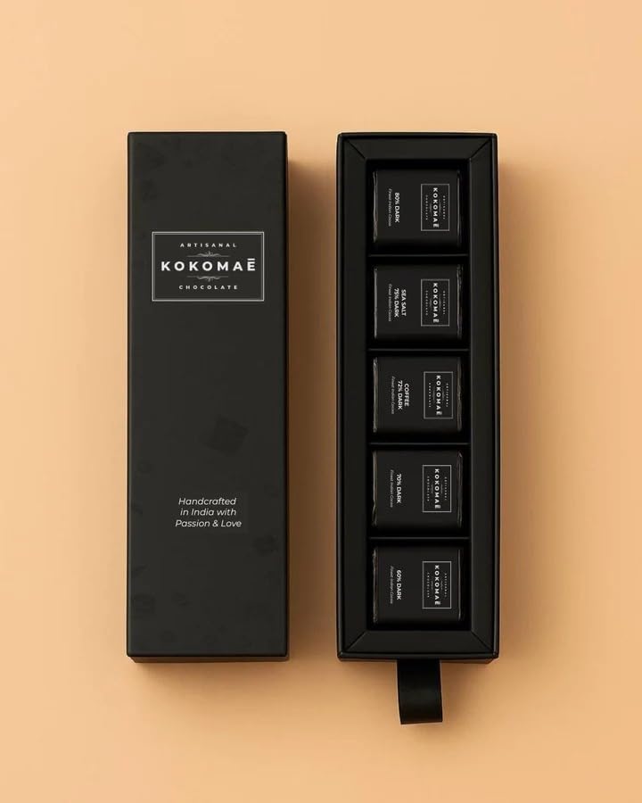 Image of KOKOMAE Single-Origin Bean-to-Bar Dark Chocolate Gift Box | 25 Mini Chocolate Bars | 5 Signature Flavours - 80%, 75% Sea Salt, 72% Coffee, 70% & 60% Dark Chocolate | Vegan | Crafted with Idukki, Kerala Cocoa | 145g