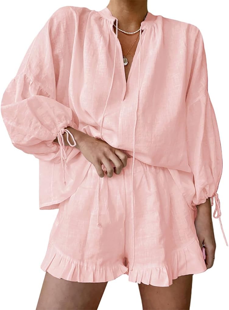Women Ruffle 2 Piece Sets Long Sleeve Button Down Shirt and Shorts Pajamas Sets