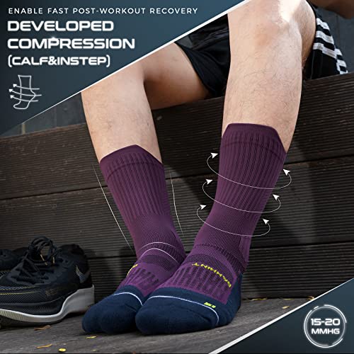 Image of Compression Running Socks 3 Pairs, Cushion Crew Socks, Anti-Blister Moisture Wicking Athletic Hiking Basketball Socks