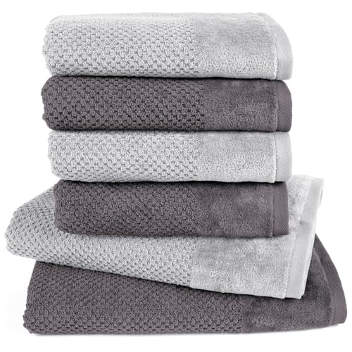 Pure Label 6-TLG. Handtücher Set mit Aufhängeschlaufen aus Baumwolle, saugstark, weich und Oeko-TEX Zertifiziert - 2X Badetuch (70x140 cm) 4X Handtuch (50x100cm), Anthrazit | Grau