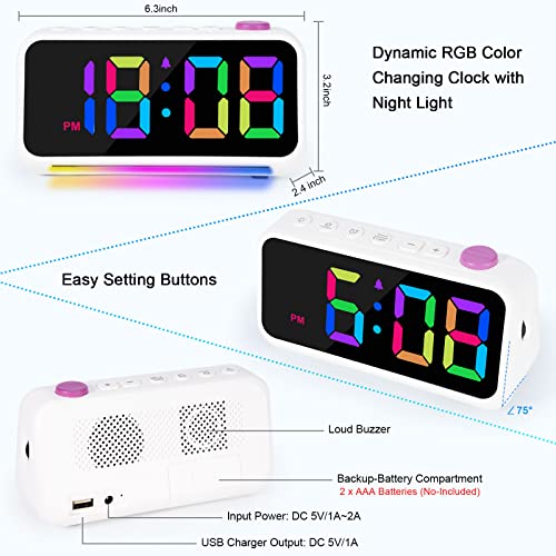 Szelam Alarm Clock For Bedroom,Rgb Colorful Digital Clock,With Night Light,Usb Charger Port,Extra Loud,6.4 Inch Small Desk Clocks For Kids Boys Girls Teens Room Bedside Decor - White #TOP4