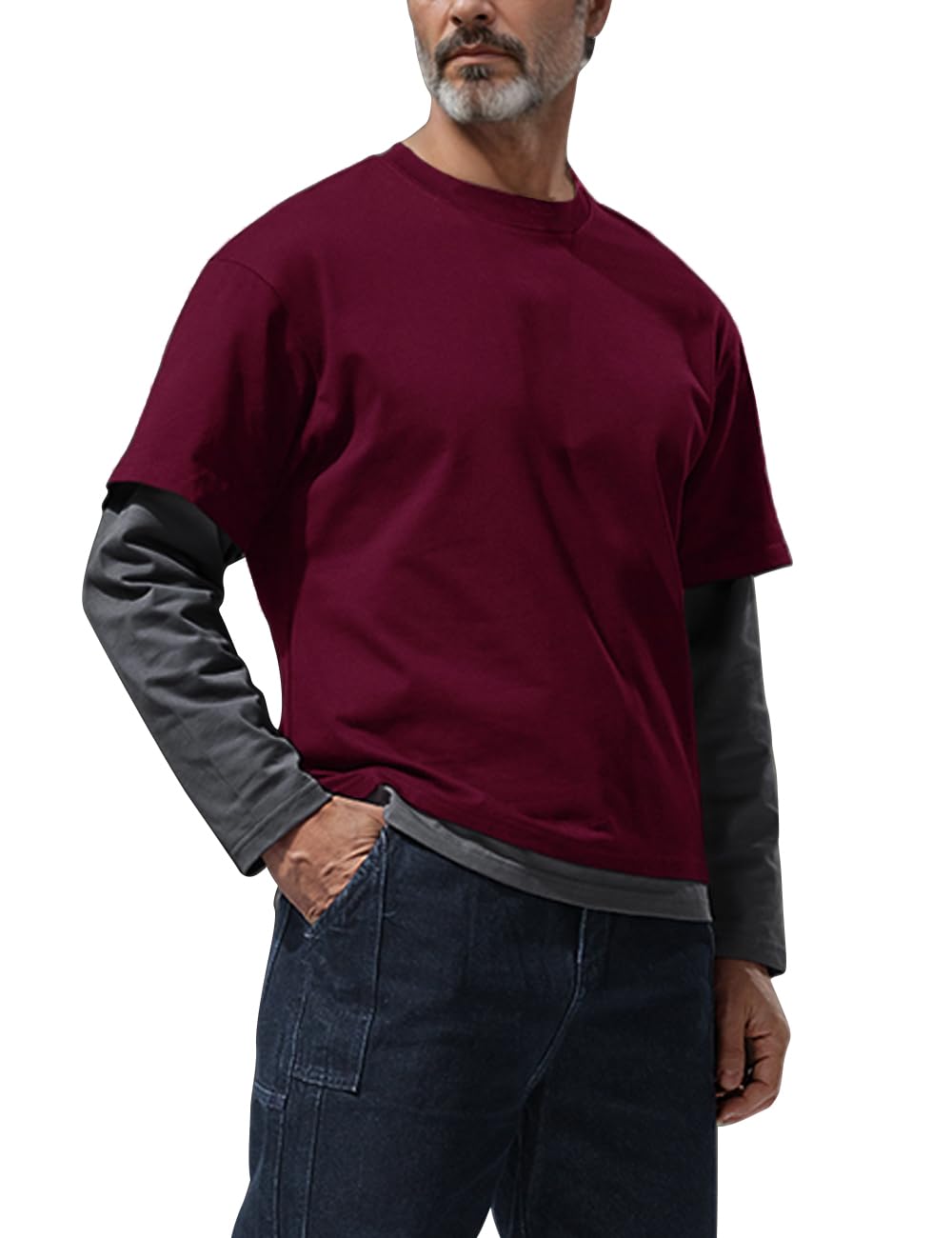 Homme Faux Ensemble 2 pièces Col Rond Chemises Unies superposées Style décontracté Pull Coupe Ample