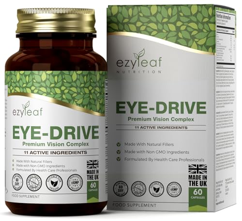 Ezyleaf Suplemento para los Ojos | Vitaminas de Azafrán, Luteína y Zeaxantina con Arándano, EyeBright, Betacaroteno Natural y Bayas de Goji | 60 Cápsulas de Eye-Drive - Vitamina C, E & A | Sin OGM