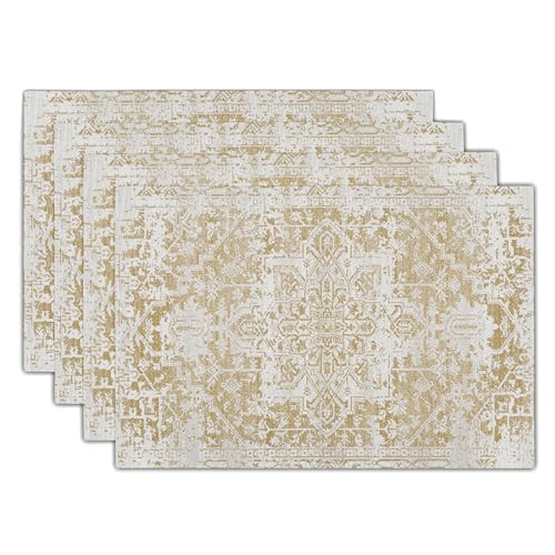 Image of Gray Tan Boho Placemats Set of 4 Ethnic Bohemian Carpet Place Mats Washable Kitchen Dining Vintage Grey Geography Floral Linen Table Mats Stain Heat-Resistant for Home Party Indoor 12x18 in