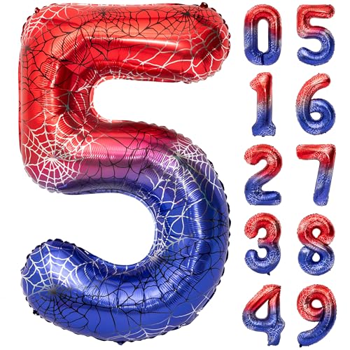 Image of 40 In Red And Blue Spider Theme Large Number 5 Balloon | Giant Large Helium Foil Balloon for Boy or Girl 5 th Birthday Wedding Anniversary Baby Shower Party Decorations