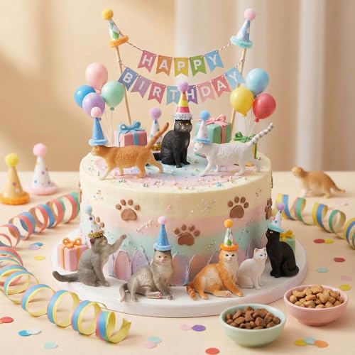 18 Pcs Cat Cake Toppers with Mini Birthday Hat, Cat Birthday Party Decorations, Cat Cake Toppers Figurines, Cat Cake Decorations for Birthday Party, Animals Themed Party by MAOUDA - Used condition - Image 4