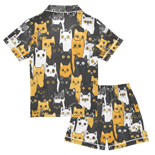 ALAZA Yellow Black White Cat Pajamas Satin Pajama Set Short Sleeve Button Down Sleepwear2