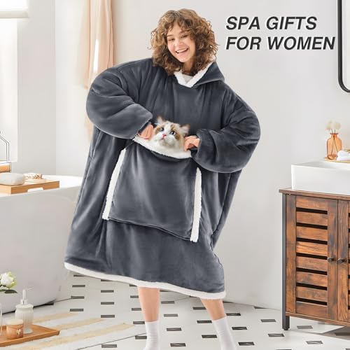 JOYWOO Wearable Blanket Hoodie, Birthday Gifts for Women Men Mom, Oversized Hooded Blanket for Adult, Cozy Fuzzy Sherpa Sweatshirt Blanket with Giant Pocket and Winter Gifts, Grey
